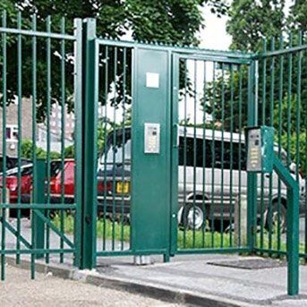 Secure by Design accredited green security gate with intercom system, enhancing safety for residential and commercial properties.