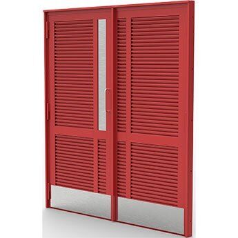 Louvre fire door in red, featuring horizontal slats and a central glass panel, showcasing high-security design for residential and commercial properties.
